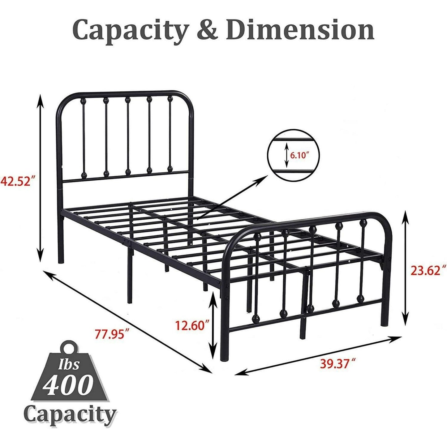 Twin Size Bed Frame Metal Platform Bed Frame with Headboard & Footboard Black