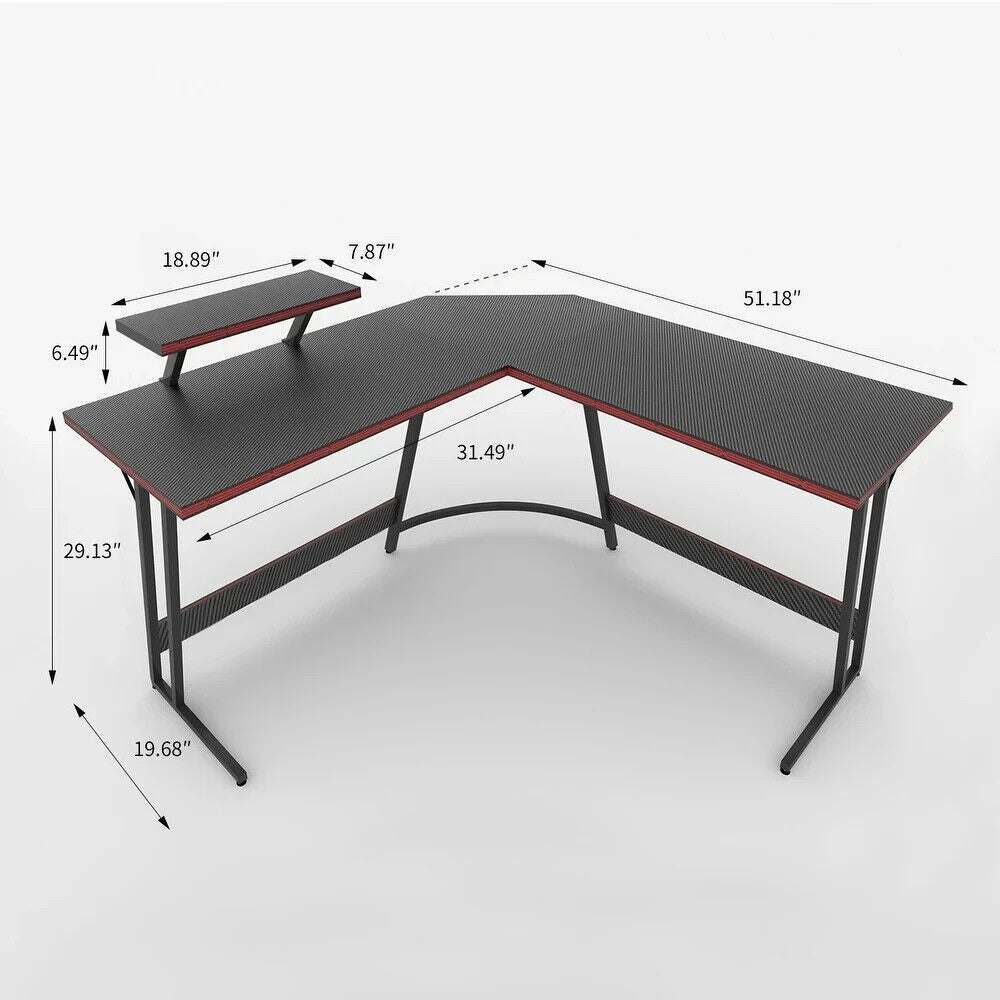 Style & Function: Black w/ Red Trim Finish L-Shaped Corner Computer Gaming Desk
