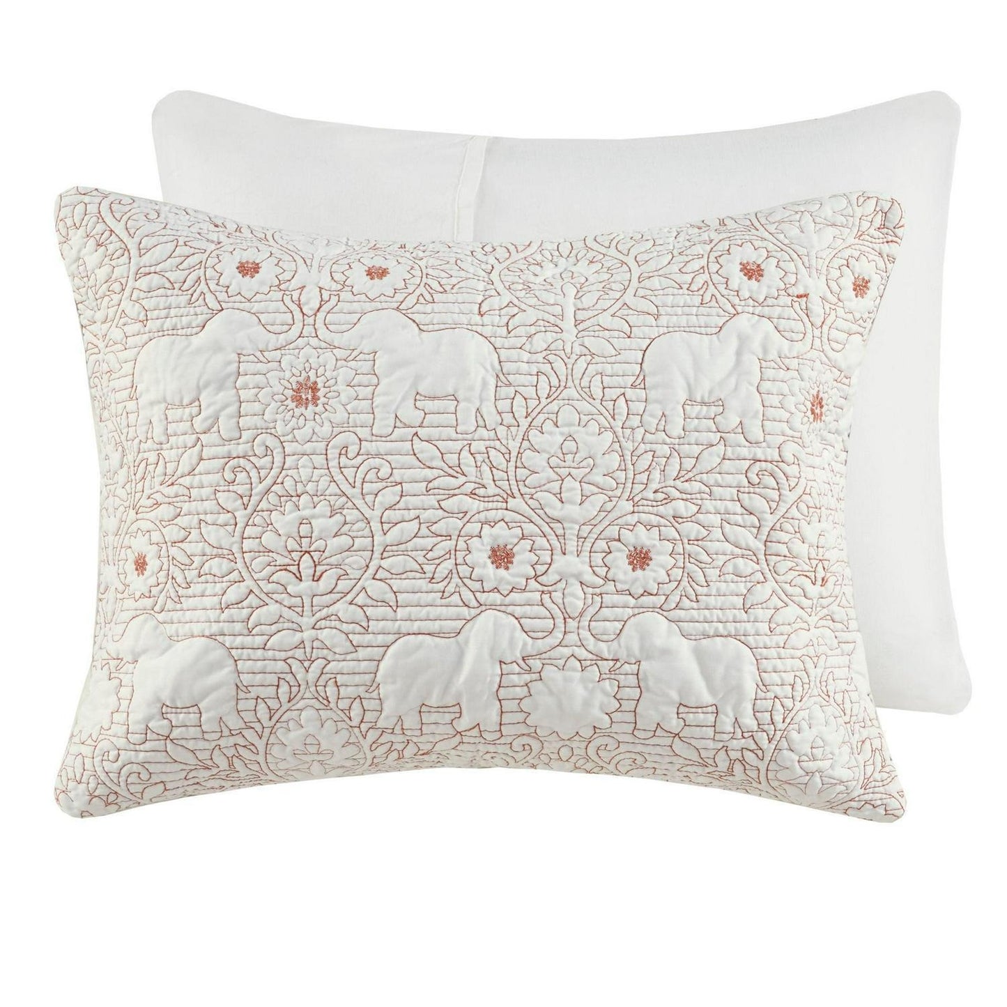 Coral/Off White Reversible Cotton Elephant Floral Coverlet Set - King/Cal King