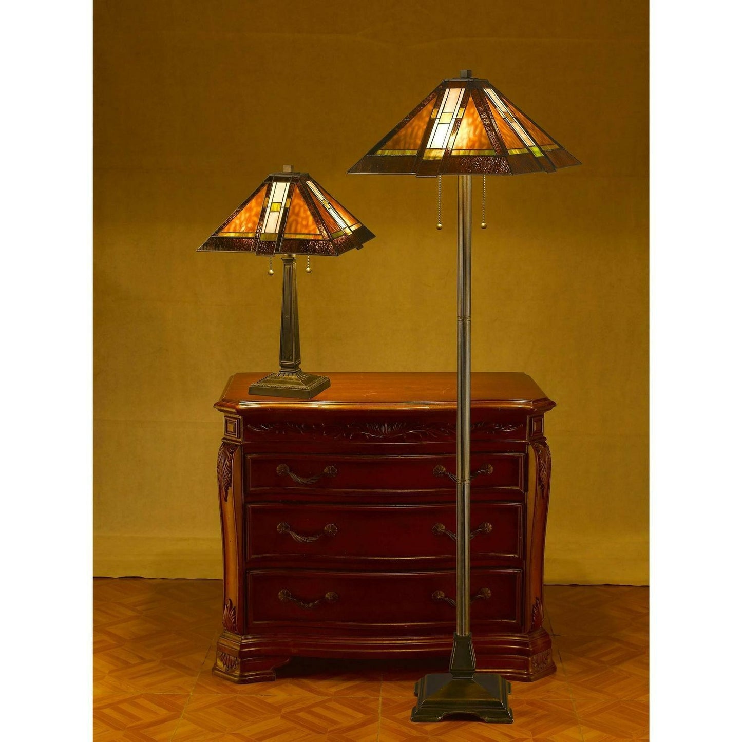 Set of Tiffany Style Stained Glass Mission Lamps - Includes Table and Floor Lamp