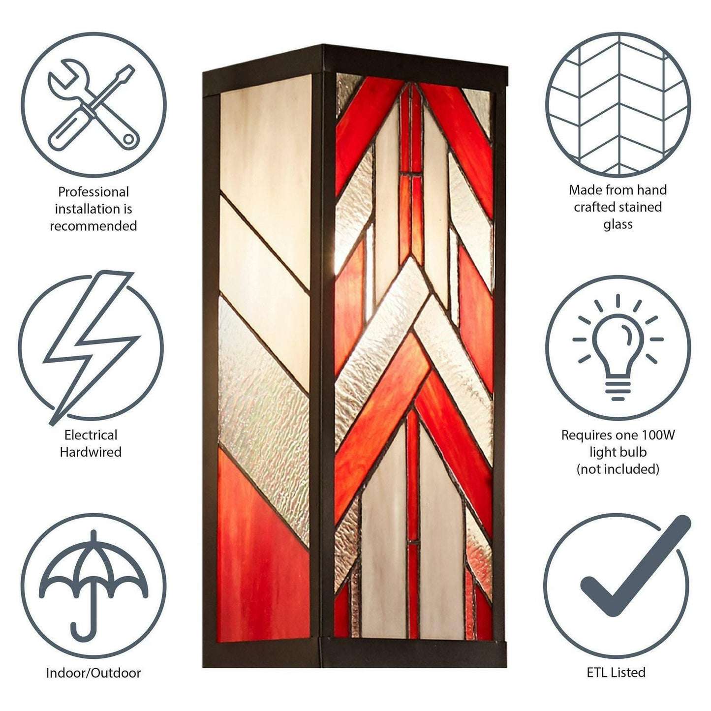 Outdoor Wall Sconce Red Stained Glass and Black Satin Rectangular 16in