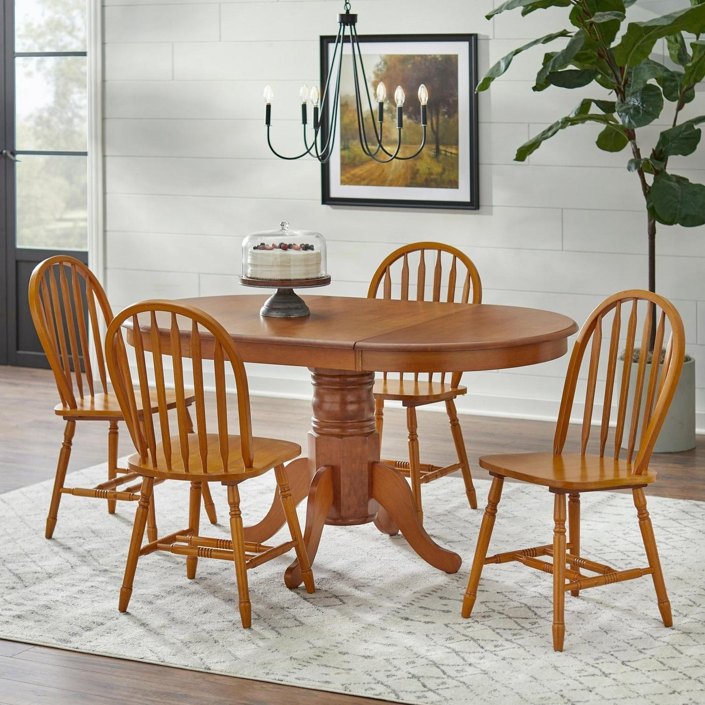 5-Pc Country Style Dining Set: Solid Wood w/ 22in Leaf - Nat Oak Finish