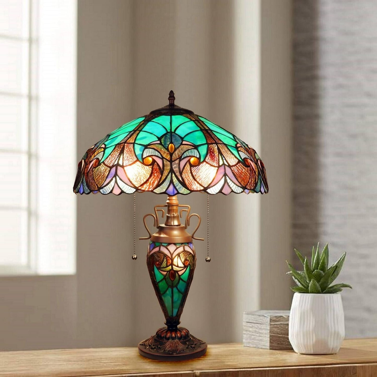 Aqua Blue Green Tiffany Inspired Victorian Stained Glass Table Lamp w/ Lit Base