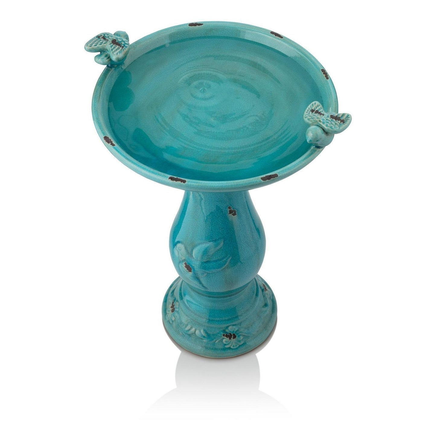 Vintage Turquoise Ceramic Pedestal Birdbath Vintage Yard Art Garden Decor 25in