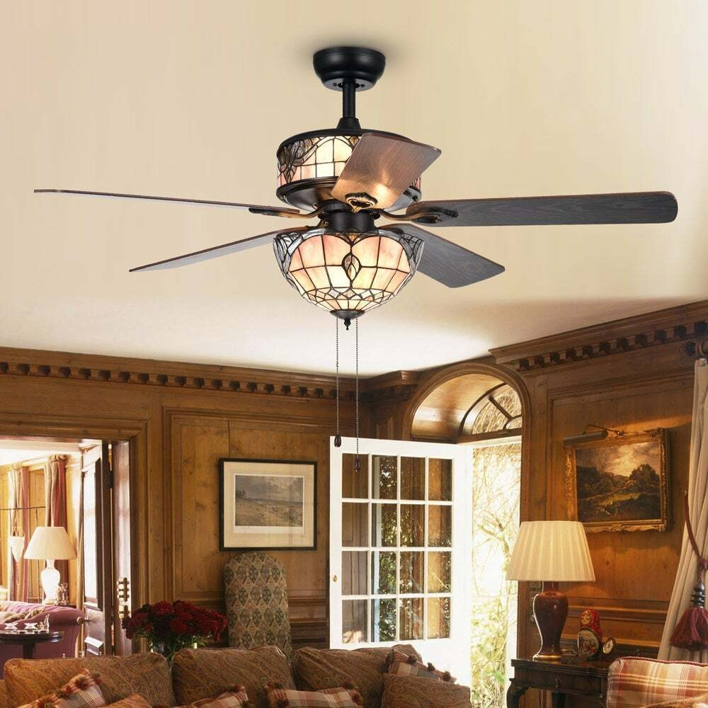Baroque Stained Glass Tiffany Style 6-Light 5-Blade 52-In Black Ceiling Fan