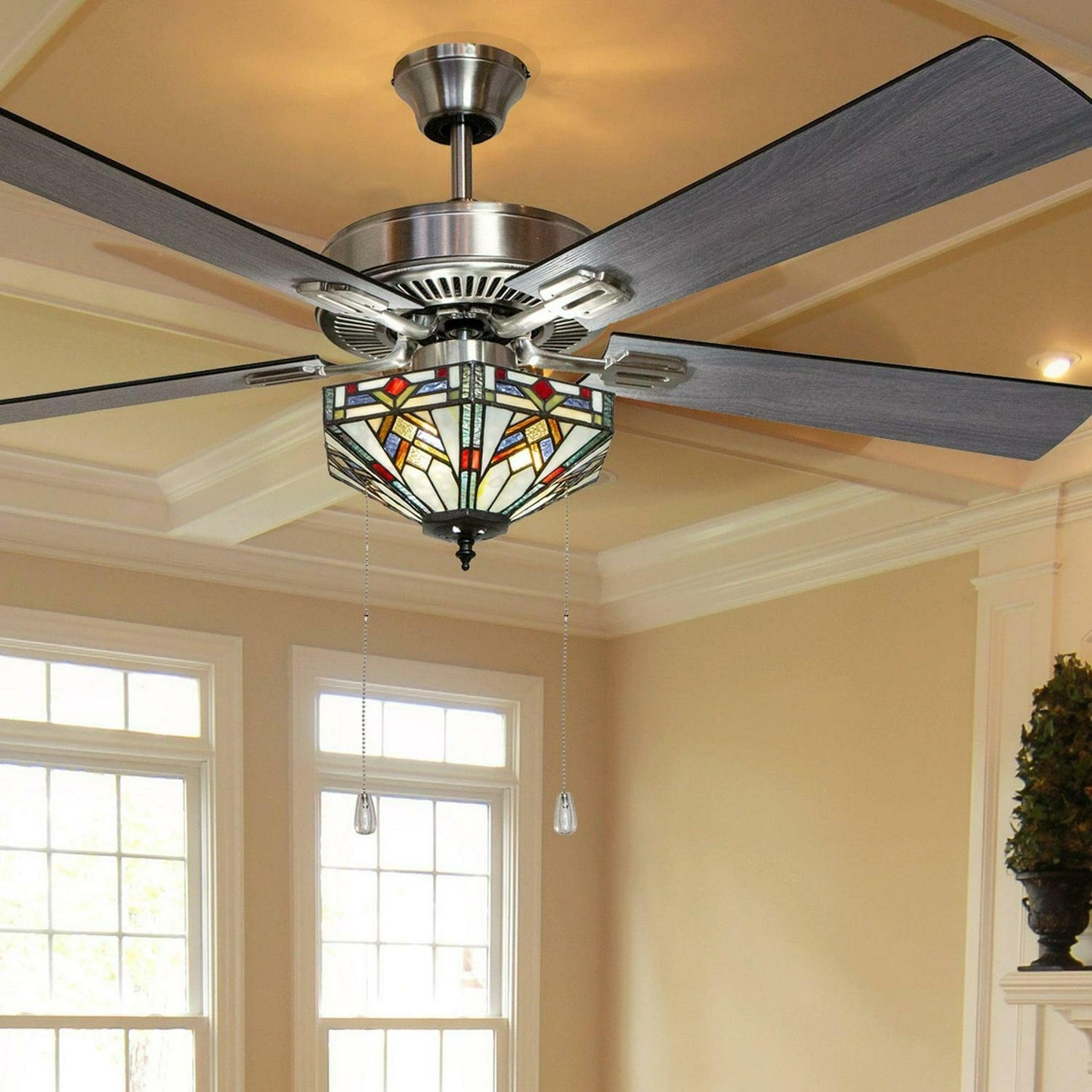 52in Mission Tiffany Style Stained Glass Hexagonal Dimmable LED Ceiling Fan