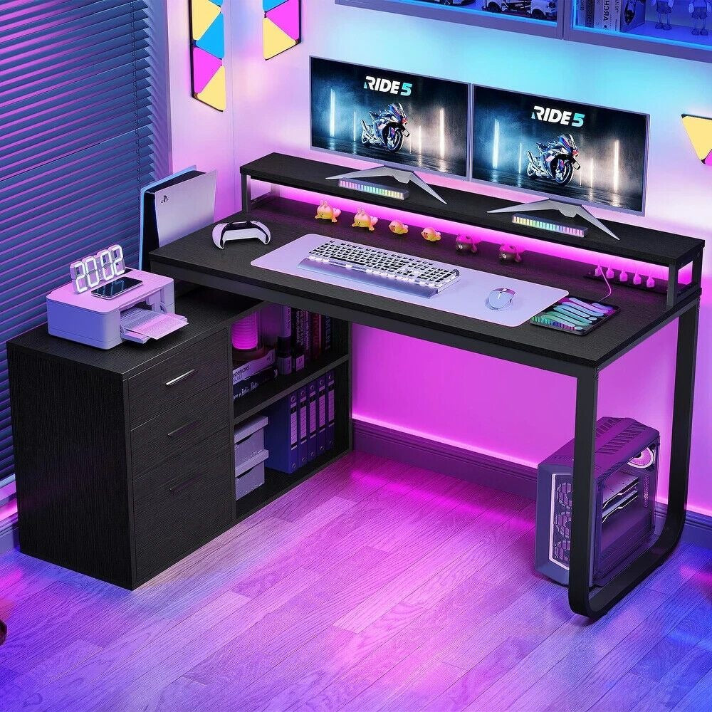 L-Shaped Computer Desk Wireless Charge, LED Lit & File Cabinet in Black