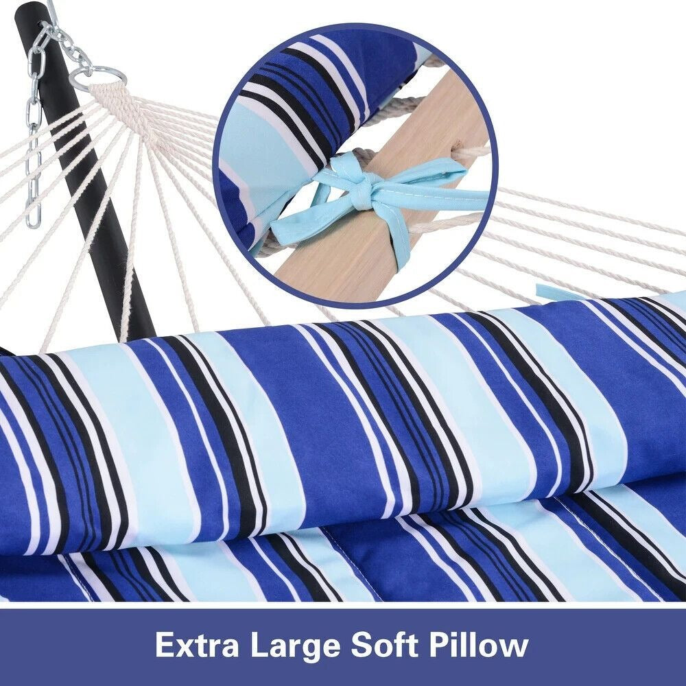 2 Person Hammock With Stand - Cotton Rope, Quilted Blue Striped w/Pillow