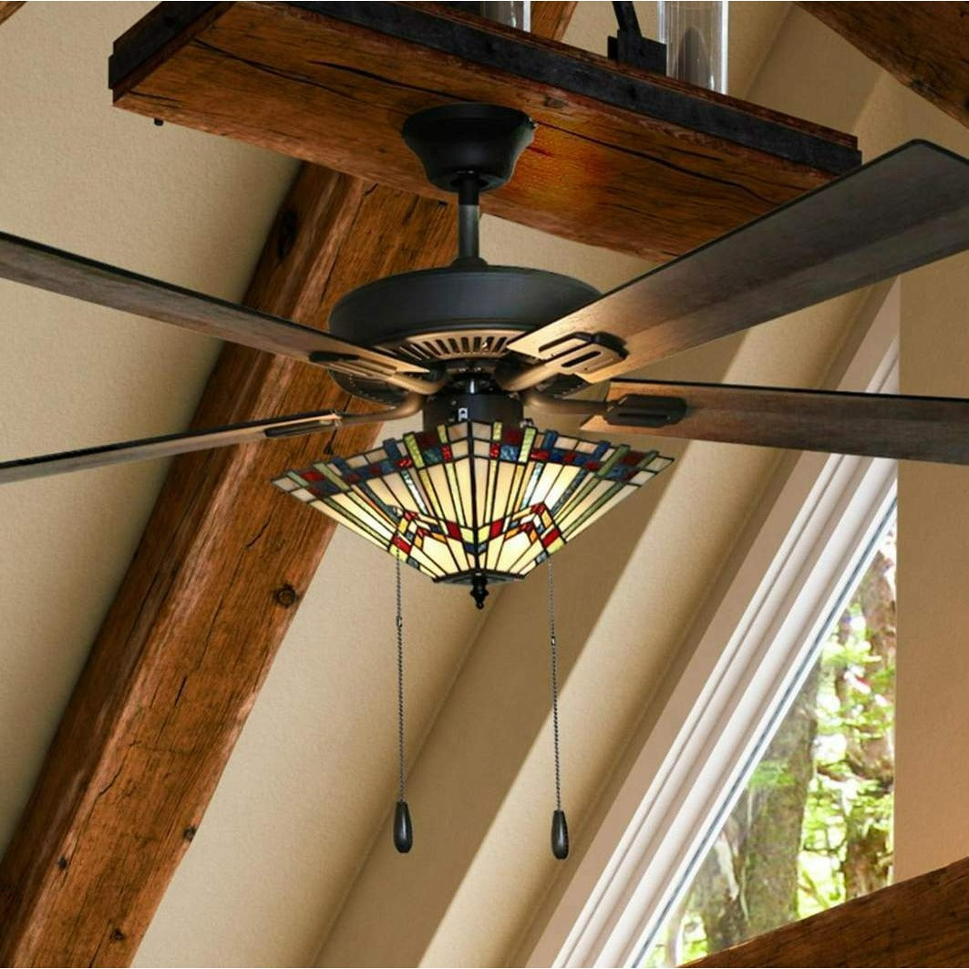 Bronze Finish Stained Glass 5-blade 52-inch Ceiling Fan With Light Mission Style