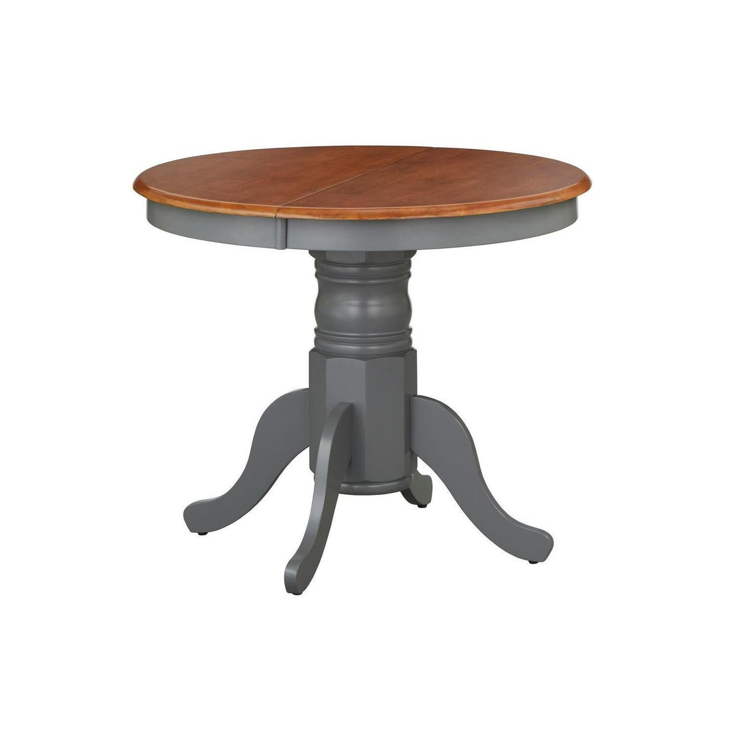 Country Style Pedestal Table: Solid Wood w/ 22in Leaf - Grey Finish, Dark Top