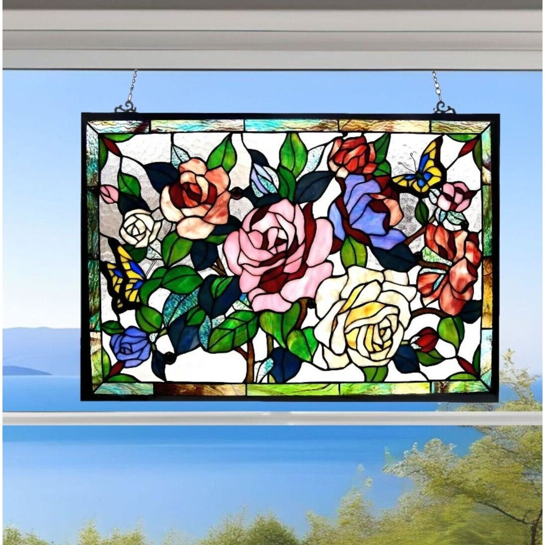 Tiffany Style Stained Glass Rose Floral Theme Suncatcher Window Panel 27x19in