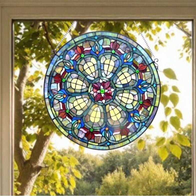 Multicolor Tiffany Style Victorian Design Round Window Panel 24in