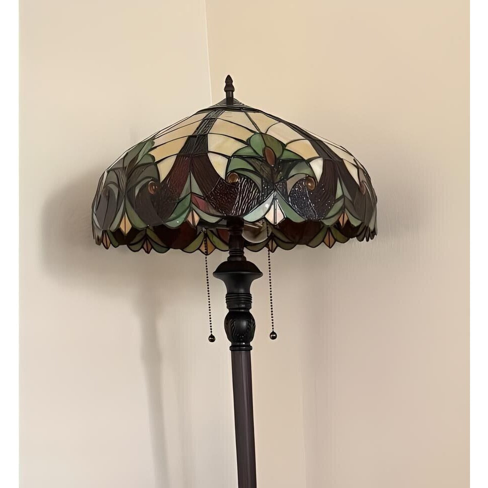 Tiffany Style Floor Lamp Stained Glass Vintage Victorian Design 2 Lights Amber