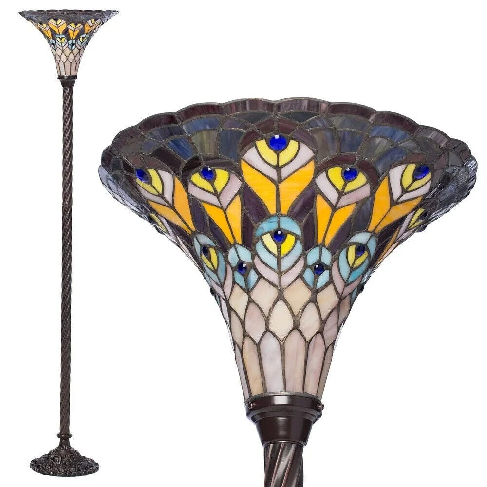 Tiffany Style Peacock Torchiere Stained Glass Floor Lamp with Bronze Twist Base