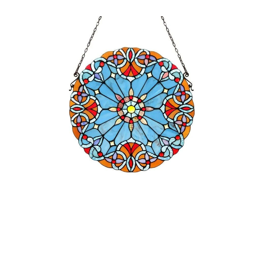Round Suncatcher Stained Glass Window Panel Victorian Design in Blue Orange 20in