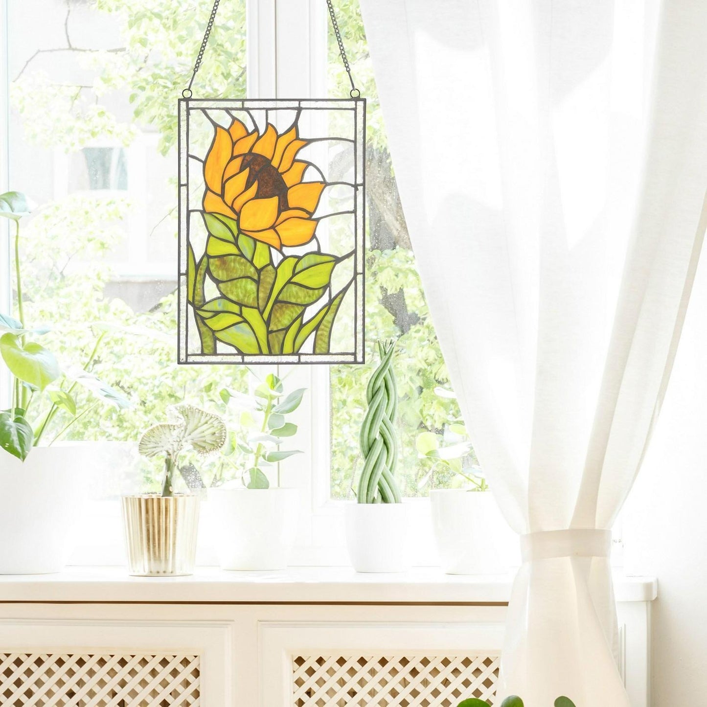 Tiffany Style Stained Glass Window Panel Suncatcher Sunflower Theme 8x11in