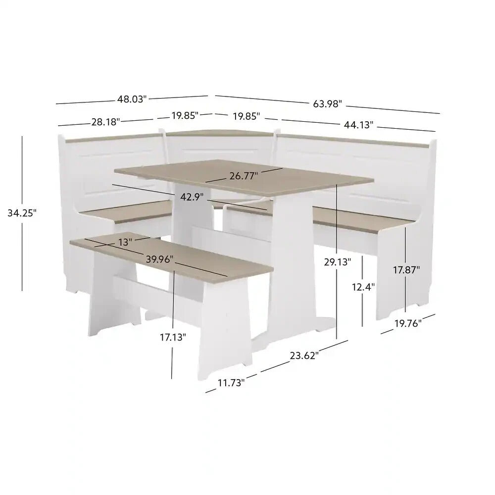 Farmhouse Style Corner Breakfast Dinette Set w/ Storage Bench - White w/Grey Top