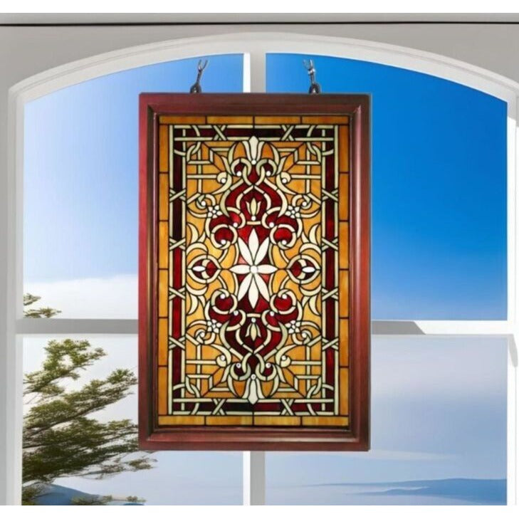 Wood Framed Tiffany Style Stained Glass Hanging Window Panel Suncatcher 20x32in