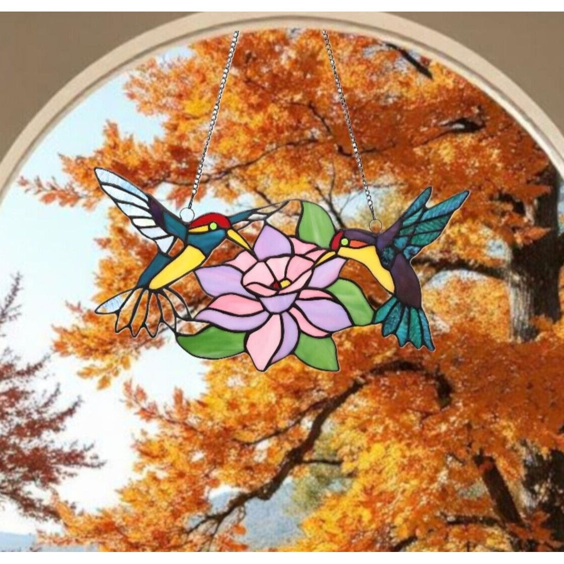 Tiffany Style Stained Glass Happy Hummingbirds 17.5x9in Window Panel Suncatcher