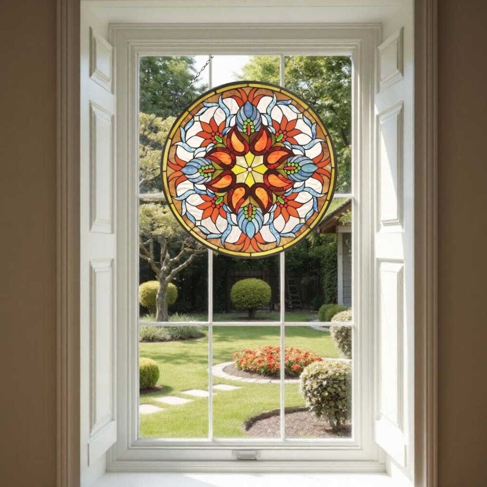Tiffany Style Stained Glass Window Panel with Vibrant Beads Crystal Accents 24in
