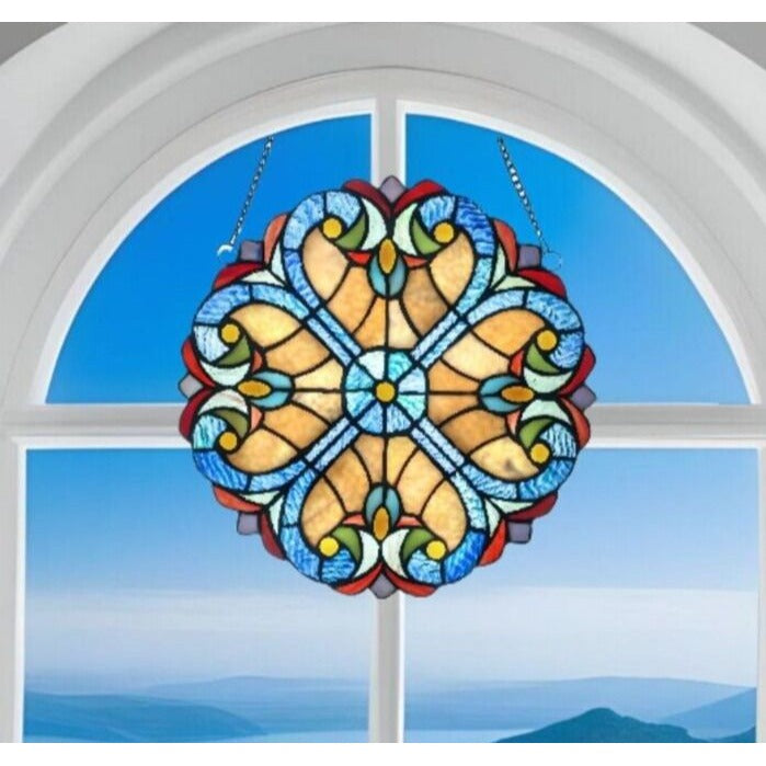 12-In Blue and Red Floral store Tiffany Style Stained Glass Window Panel Suncatcher