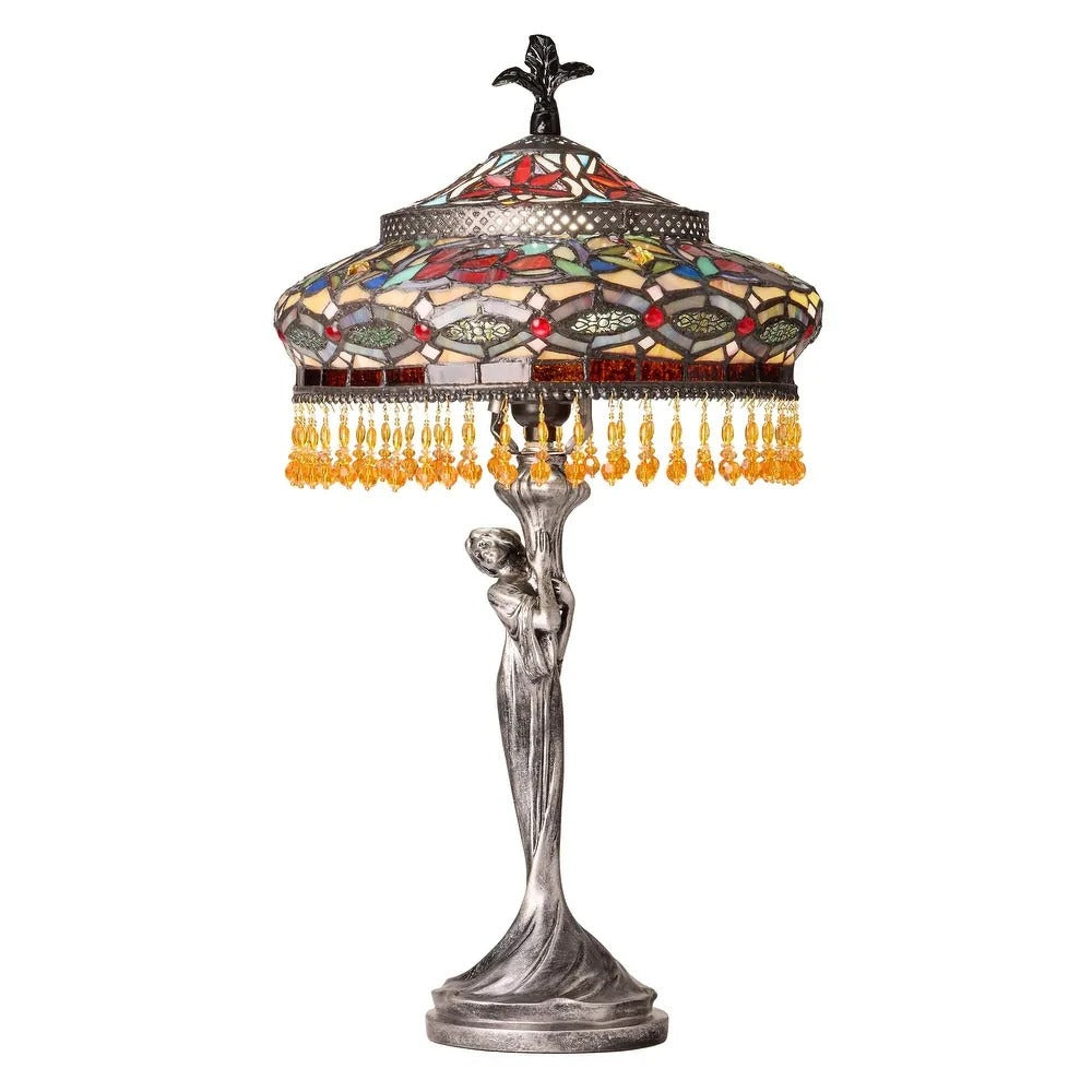 Tiffany Style Table Lamp Stained Glass Art Deco Lady - Antique Silver Base 24in