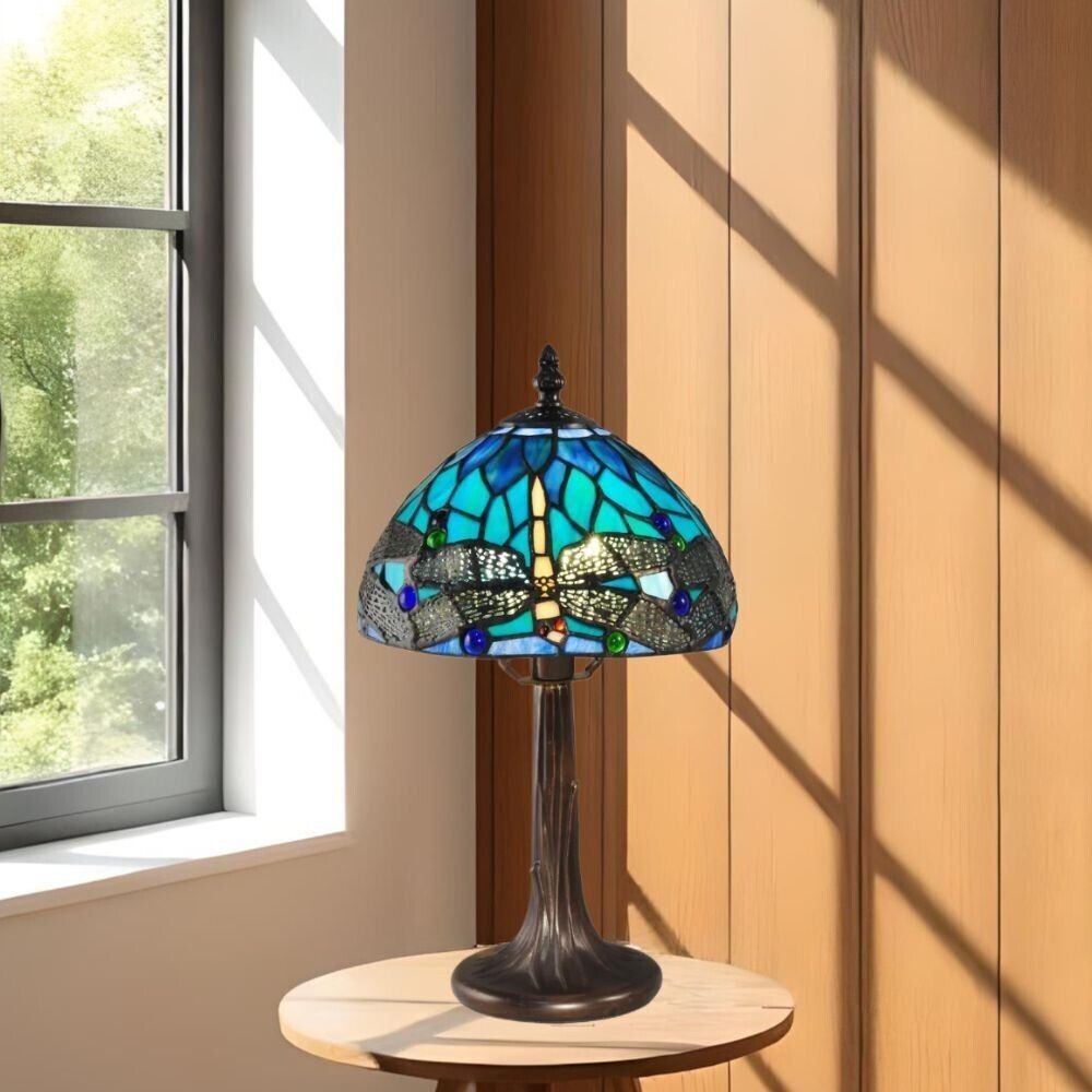 Azure Blue Stained Glass Accent Table Lamp Dragonfly Dome Shade 14.5in