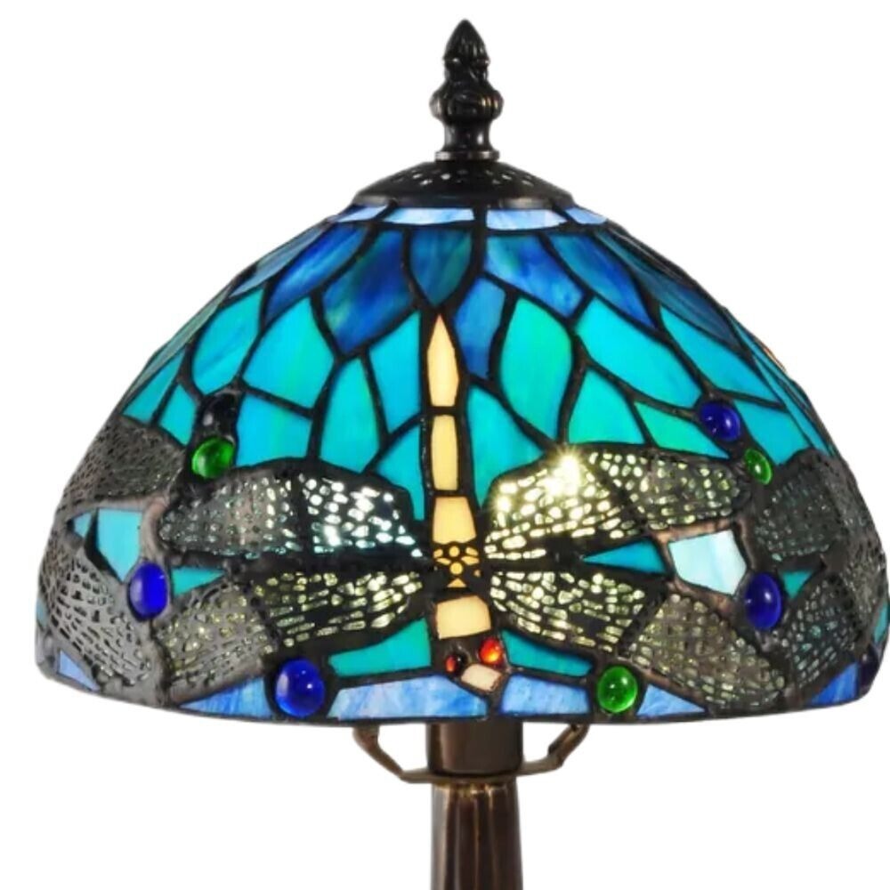 Azure Blue Stained Glass Accent Table Lamp Dragonfly Dome Shade 14.5in