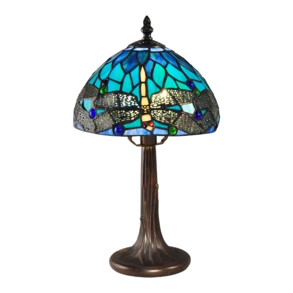 Azure Blue Stained Glass Accent Table Lamp Dragonfly Dome Shade 14.5in