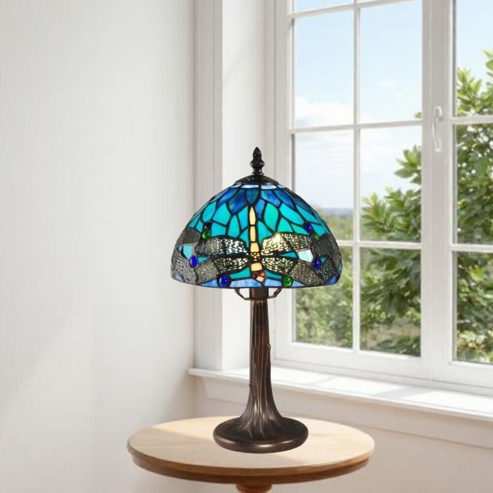 Azure Blue Stained Glass Accent Table Lamp Dragonfly Dome Shade 14.5in
