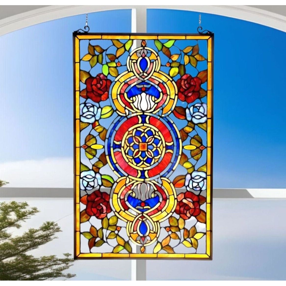 Tiffany Style Stained Glass Window Panel Suncatcher Vibrant Colors 20x32in