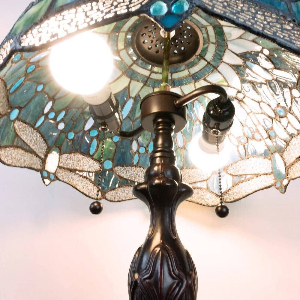 Pearl Green Tiffany Style Dragonfly Stained Glass Table Lamp Masterpiece 23in