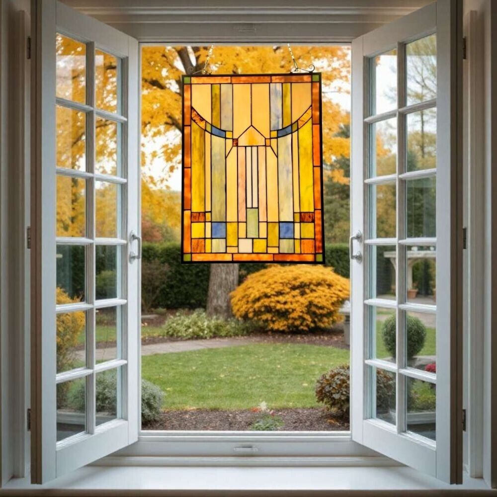 Elegant Tiffany Style Stained Glass Mission Window Panel in Vibrant Hues 17x24in