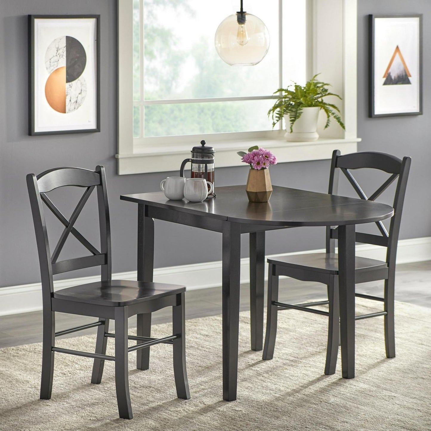Black Country Cottage Style Drop Leaf 3-Pc Dining Set Table and Chairs