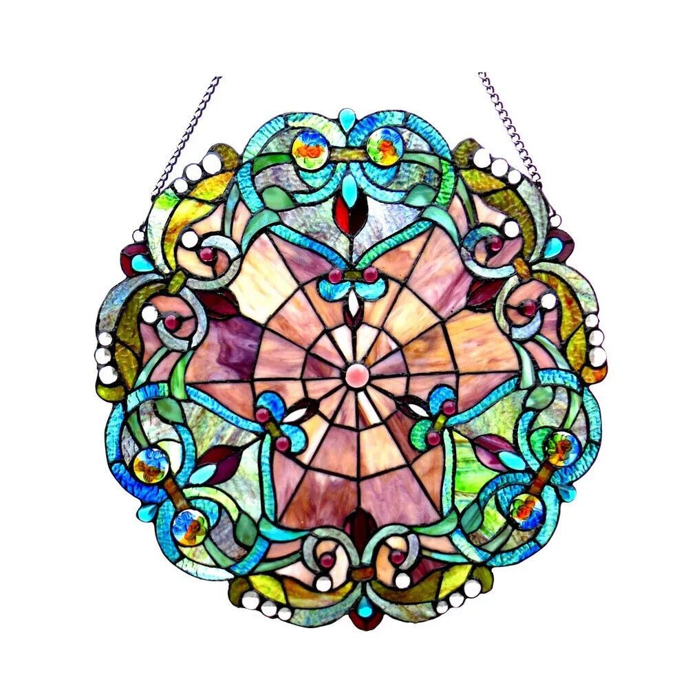 Round Suncatcher Stained Glass Window Panel Victorian Design in Blue Purple 20in