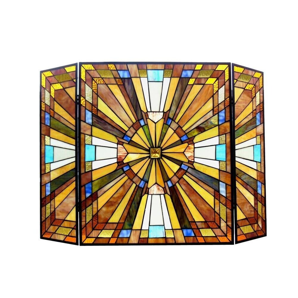 Stained Glass Tiffany Style Mission Design 3-Panel Multicolor Fireplace Screen