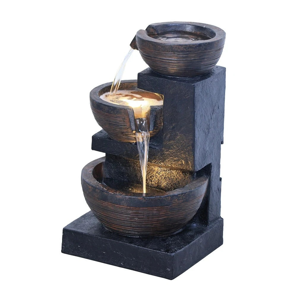 Captivating 24in Black Indoor Outdoor 3 Tier Cascading Bowl LED Water Fountain
