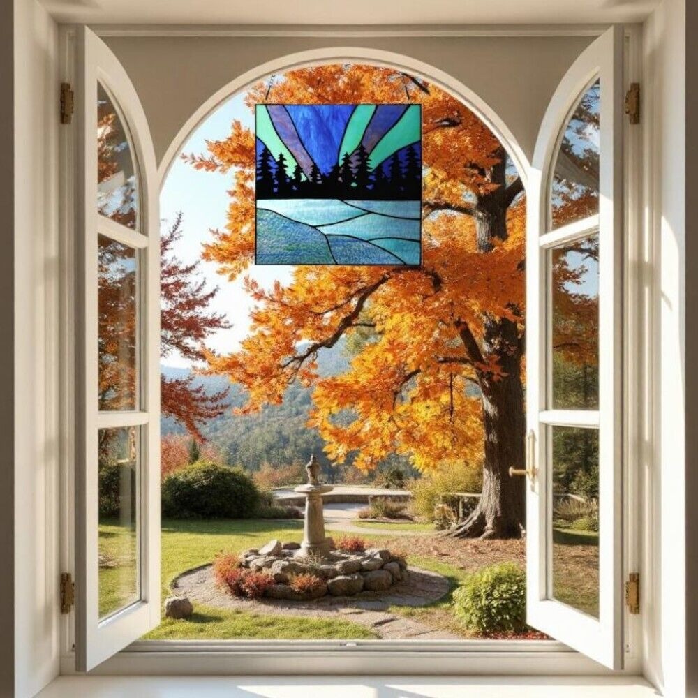 Tiffany Style Stained Glass Pines Window Panel Hanging Suncatcher 12x12