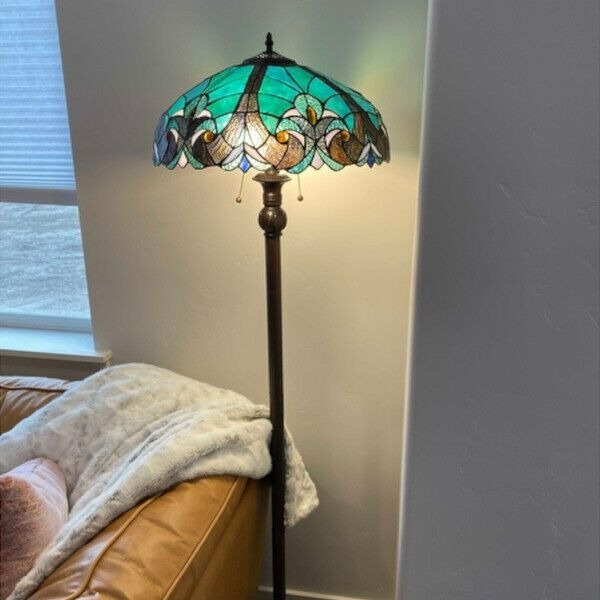 Tiffany Style Floor Lamp Stained Glass Vintage Victorian Design 2 Lights Green