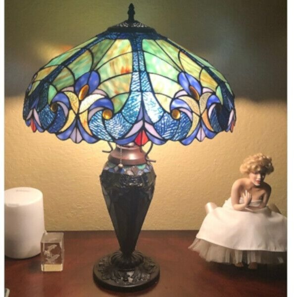 Tiffany Style Table Lamp Royal Blue Stained Glass Reading Accent Victorian Theme