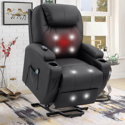 Power Lift Recliner Chair for Elderly with Heat / Massage and Cup Holder - Black