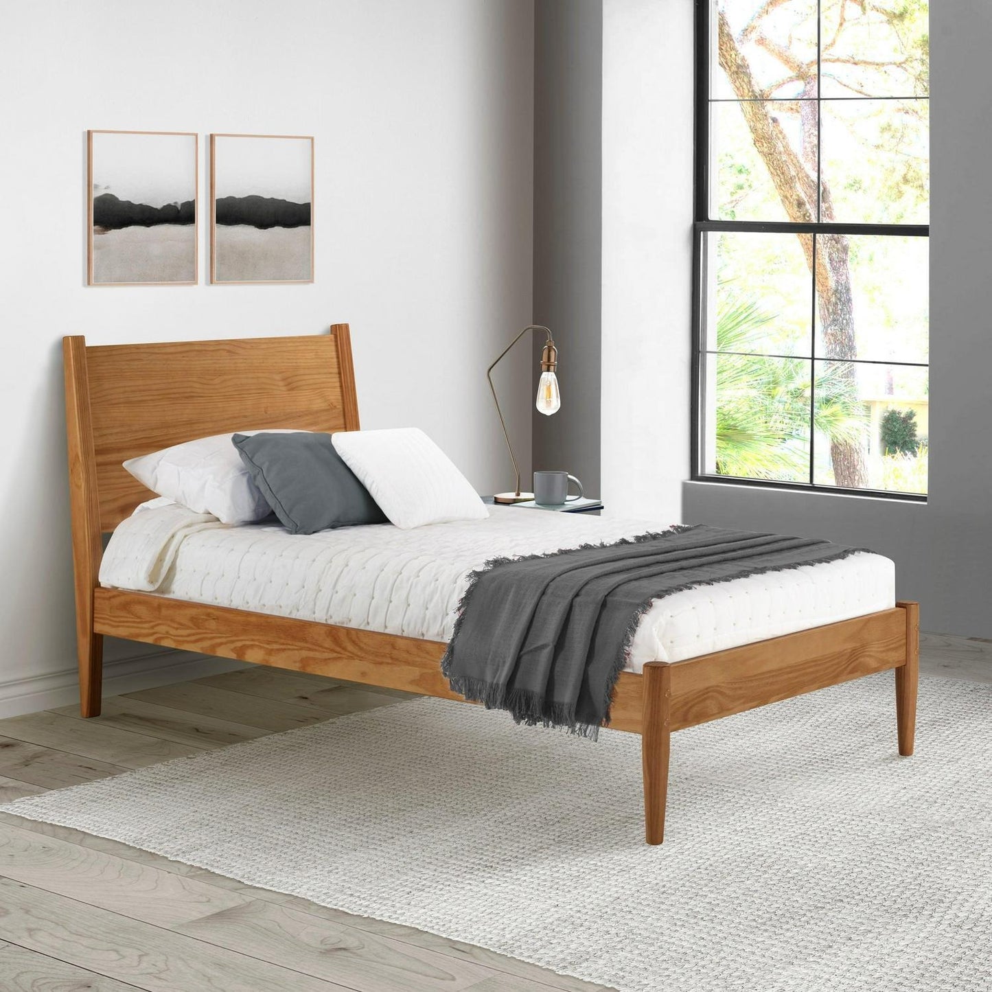 Brown Finish Pine Wood Mid-Century Style Twin Size Panel Bed