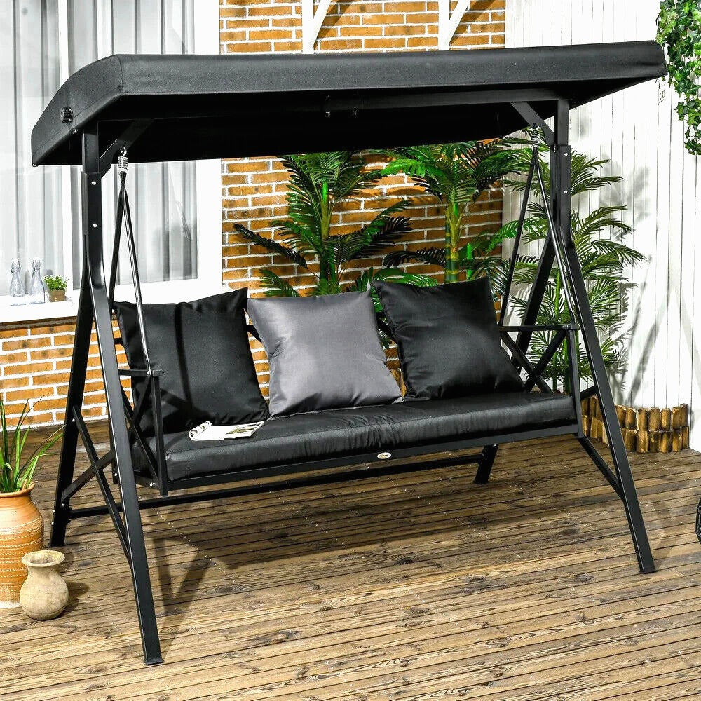 Patio Porch Swing Chair, Throw Pillows, Adjustable Canopy, Powder Coat in Black