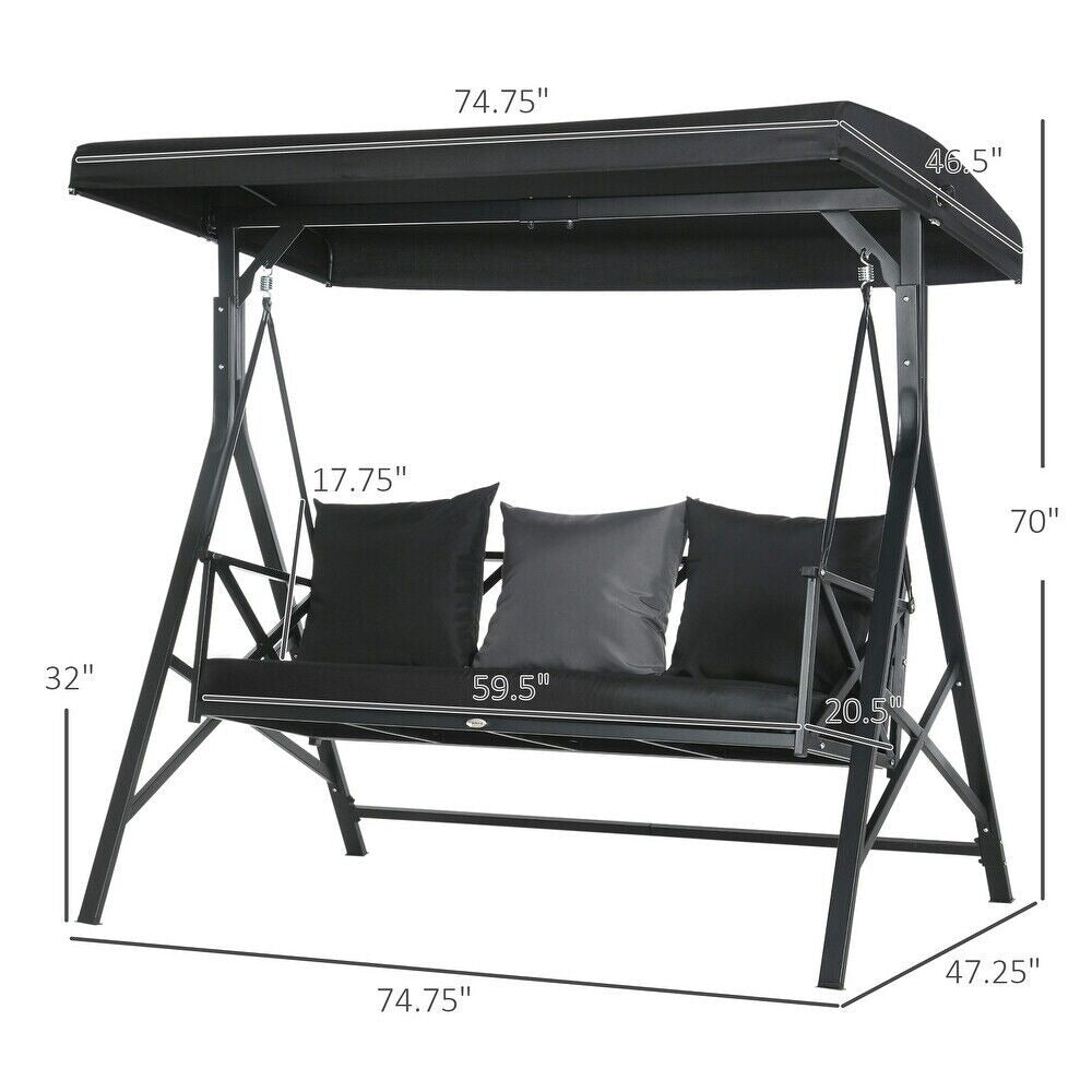 Patio Porch Swing Chair, Throw Pillows, Adjustable Canopy, Powder Coat in Black