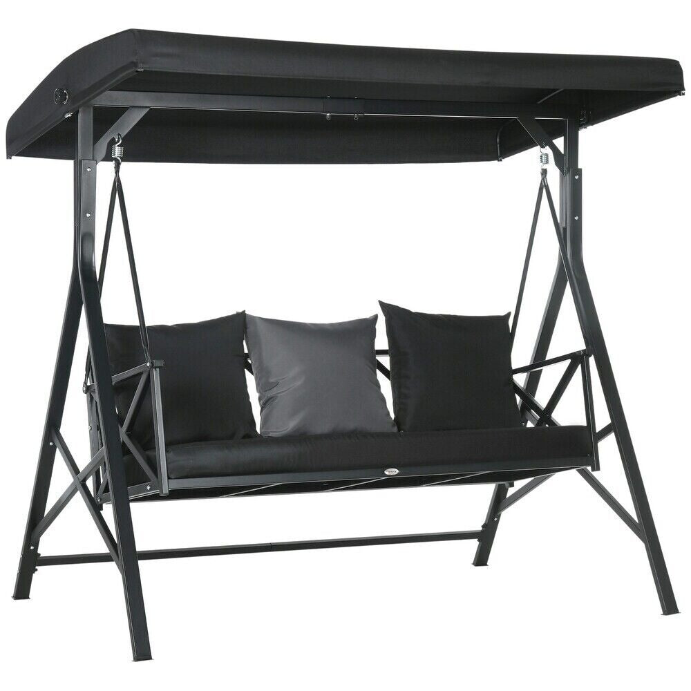 Patio Porch Swing Chair, Throw Pillows, Adjustable Canopy, Powder Coat in Black