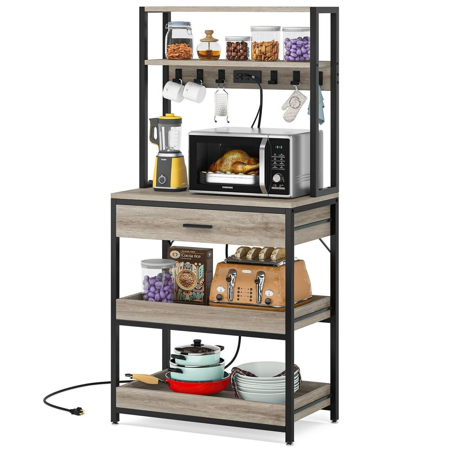 5.5ft 2-Tier Kitchen Baker's Rack w/ Outlets, Rustic Grey Fin - Microwave Stand