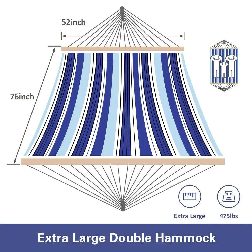2 Person Hammock With Stand - Cotton Rope, Quilted Blue Striped w/Pillow