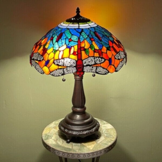 Tiffany Style Stained Glass Dragonfly Table Lamp Blue Red Gold w/ Bronze Finish