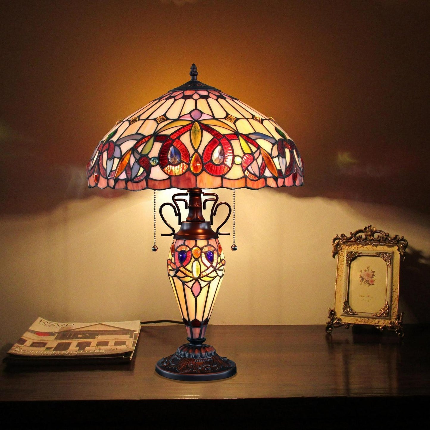 Red and Amber Tiffany Inspired Victorian Stained Glass Table Lamp w/ Lit Base