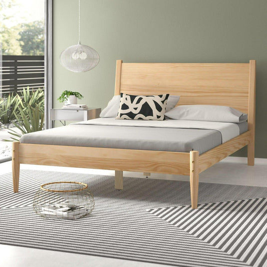 Mid-Century Style Pine Wood Queen Size Panel Bed in Natural Finish